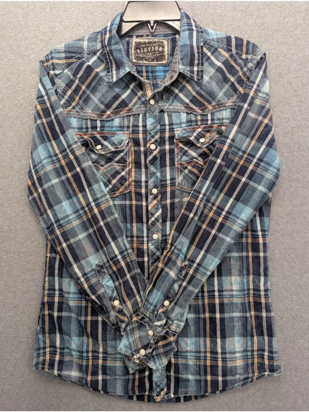 BKE Vintage Shirt Mens Small Blue Plaid Long Sleeve Western Pearl Snap Slim Fit
